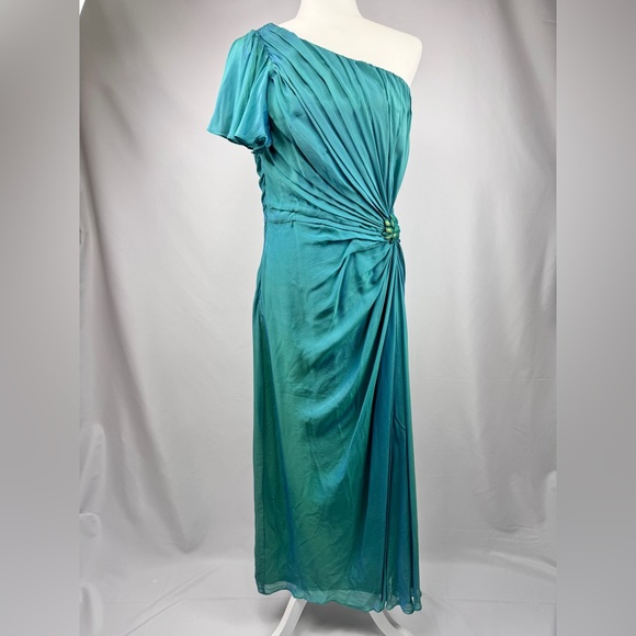 Tadashi Shoji One Shoulder Silk Dress Green Ruched Beaded Detail Size 10 - Picture 1 of 13